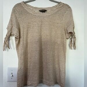 Tommy Bahama Round Neck Tie Sleeve Stripe 100% Linen Top Sz Small Coastal Grandm
